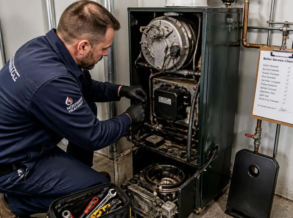 Technicien réalisant l'entretien annuel d'une chaudière fioul